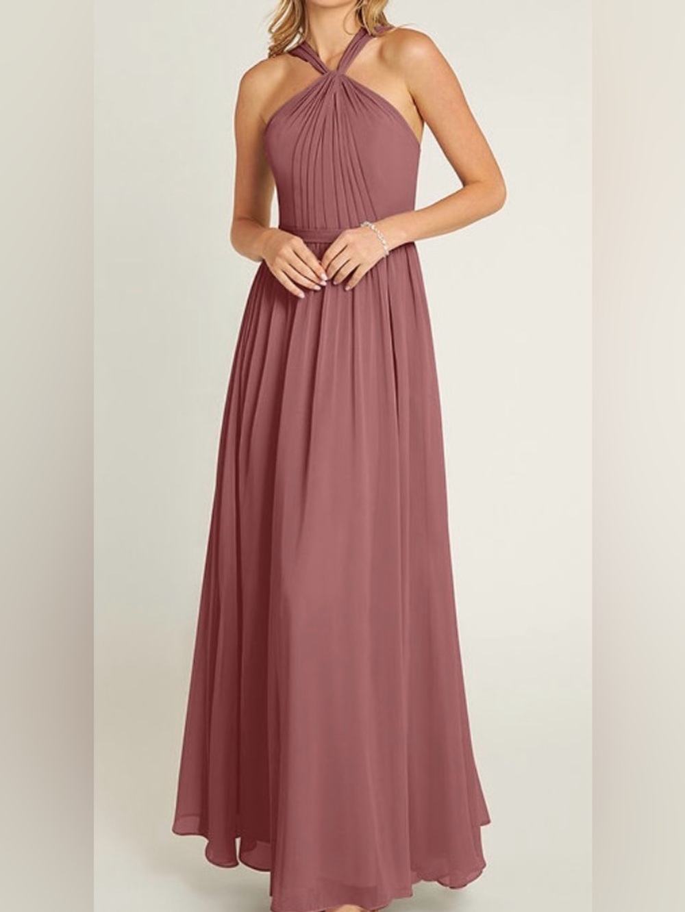 Azazie Jacey Dusty Rose Chiffon Pleated Halter Bridesmaid Gown Sz A6 Unaltered